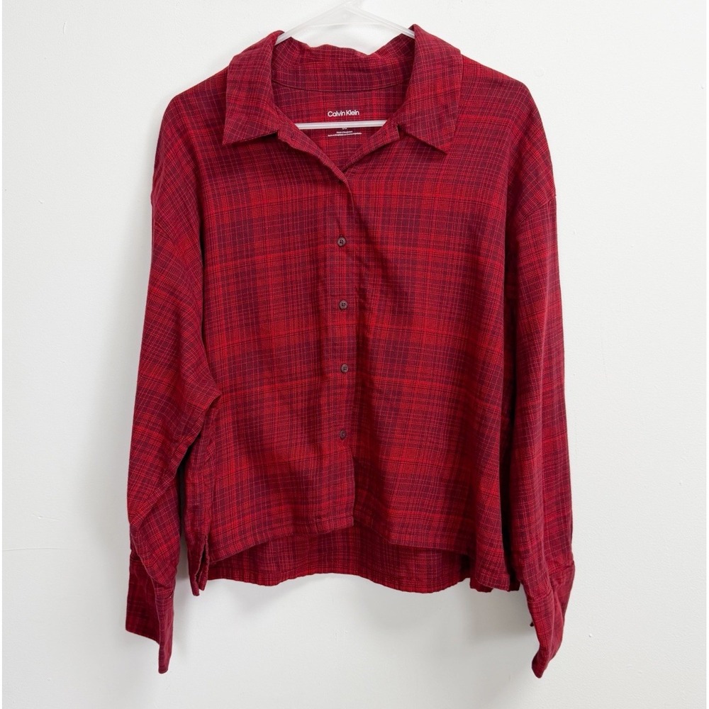 Calvin Klein Pajama Shirt Womens Large Red Plaid Button Front Collar Sleep Top